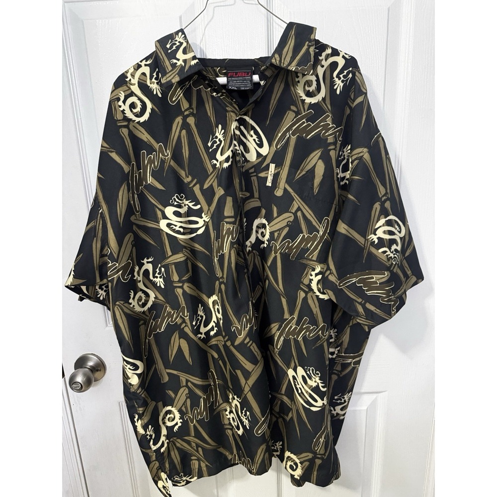 Vintage Y2K FUBU Mens XXL Dragon Bamboo Print Short Sleeve Button Up Shirt